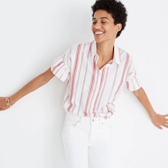 NEW Madewell Central Ruffle-Sleeve Shirt in Carey Stripe Red and White Size XS - Picture 10 of 10